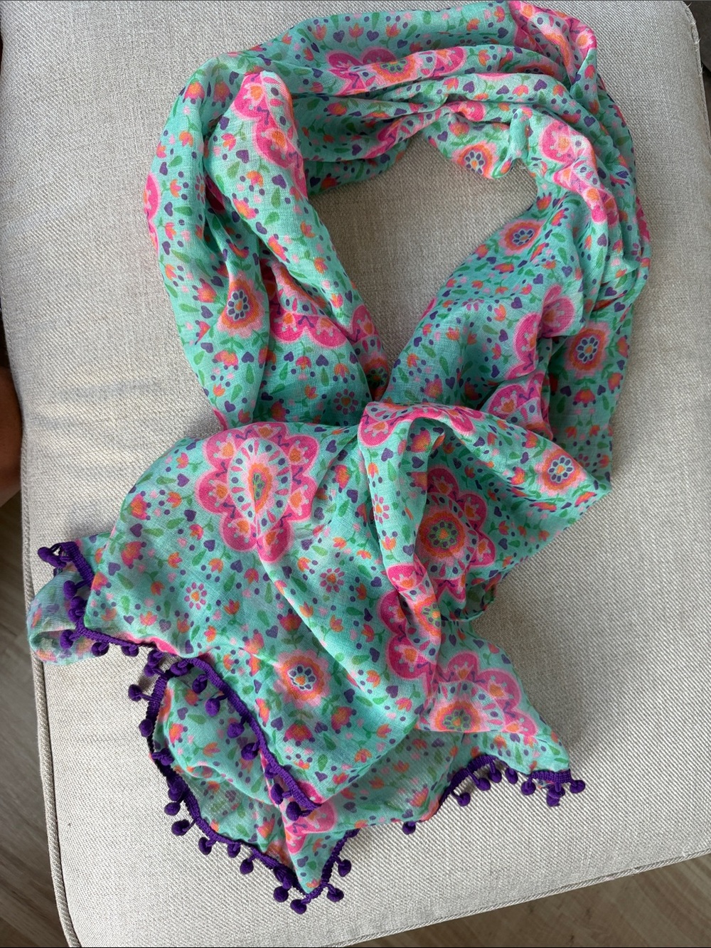 NATURAL LIFE Mint Green Floral Paisley Scarf with Purple Pom Trim